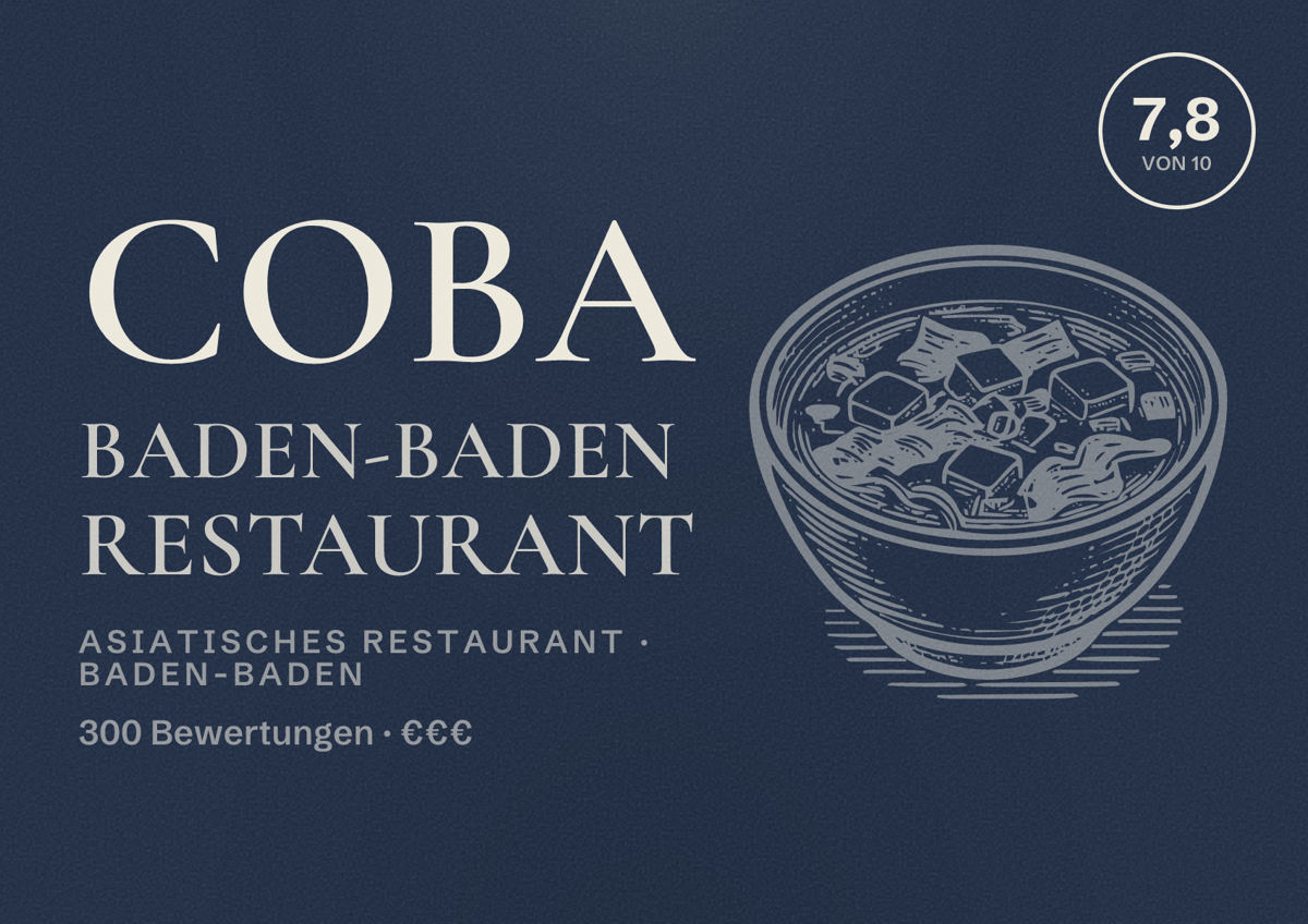 Illustriertes Poster von CoBa Baden-Baden Restaurant, Asiatisches Restaurant in Baden-Baden: Bewertung 7,8 von 10 aus 300 Bewertungen, Preisniveau €€€