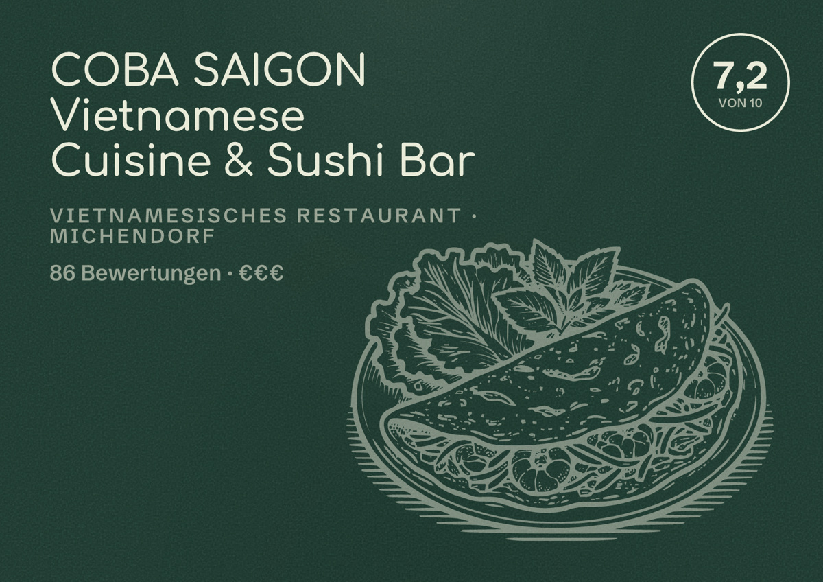 Illustriertes Poster von COBA SAIGON Vietnamese Cuisine & Sushi Bar, Vietnamesisches Restaurant in Michendorf: Bewertung 7,2 von 10 aus 86 Bewertungen, Preisniveau €€€