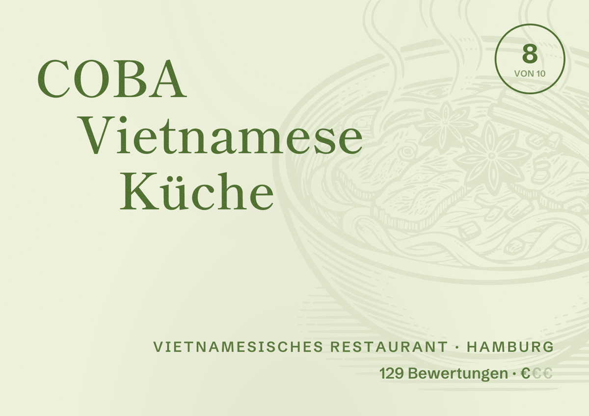 Illustriertes Poster von COBA Vietnamese Küche, Vietnamesisches Restaurant in Hamburg: Bewertung 8,0 von 10 aus 129 Bewertungen, Preisniveau €