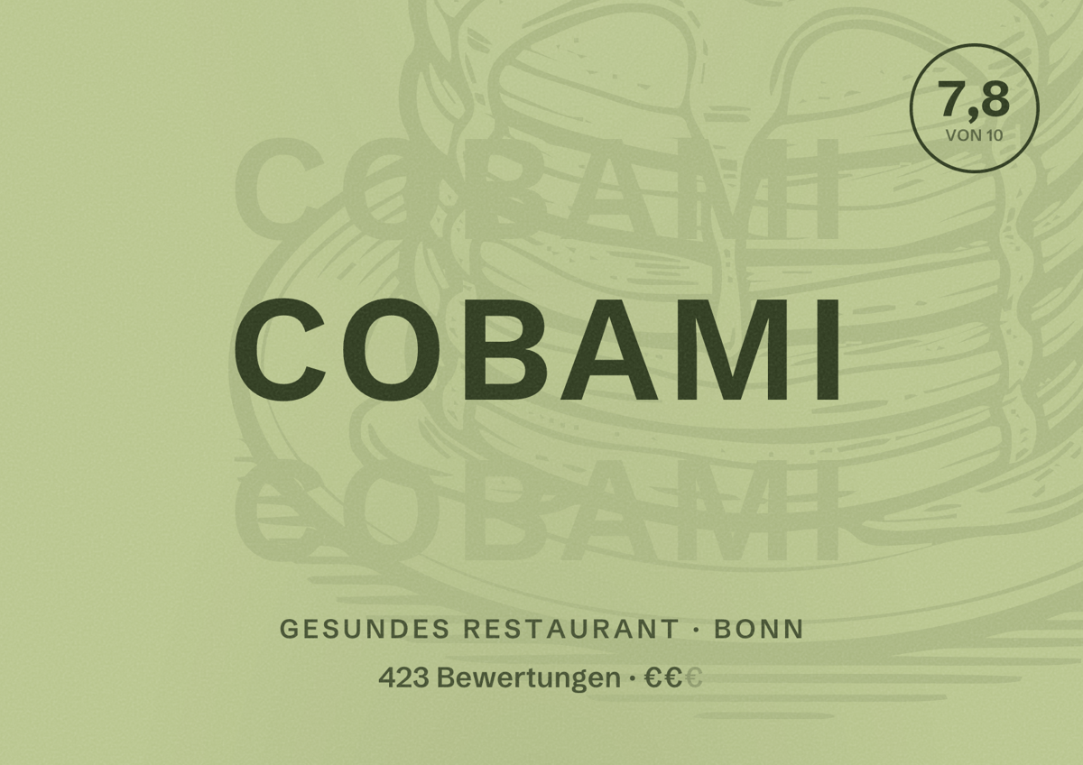 Illustriertes Poster von COBAMI, Gesundes Restaurant in Bonn: Bewertung 7,8 von 10 aus 423 Bewertungen, Preisniveau €€