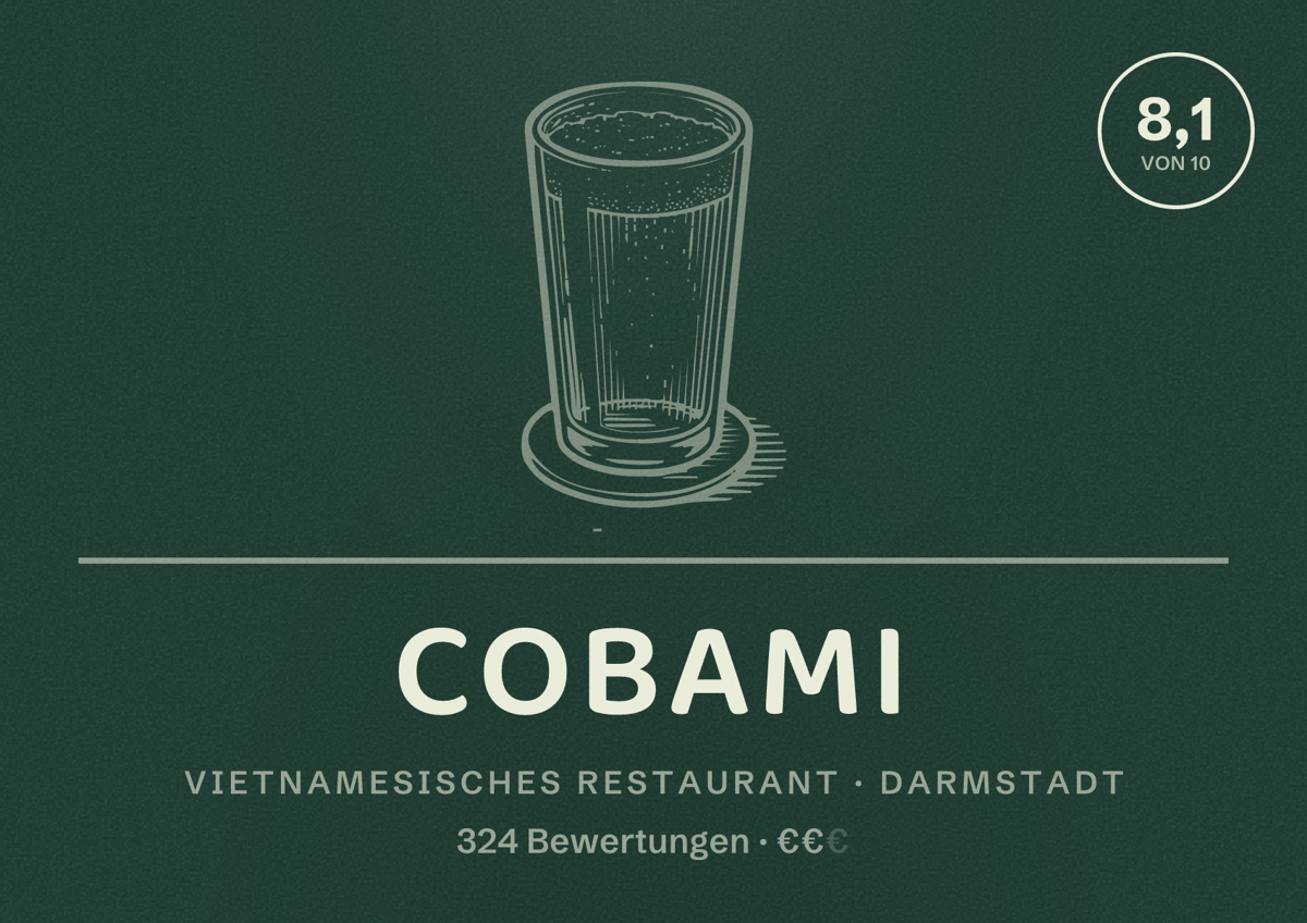 Illustriertes Poster von COBAMI, Vietnamesisches Restaurant in Darmstadt: Bewertung 8,1 von 10 aus 324 Bewertungen, Preisniveau €€