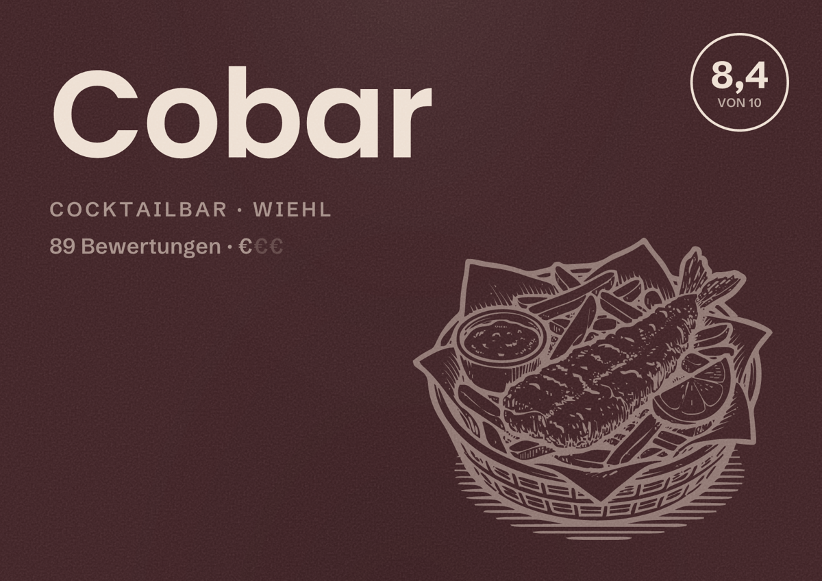 Illustriertes Poster von Cobar, Cocktailbar in Wiehl: Bewertung 8,4 von 10 aus 89 Bewertungen, Preisniveau €