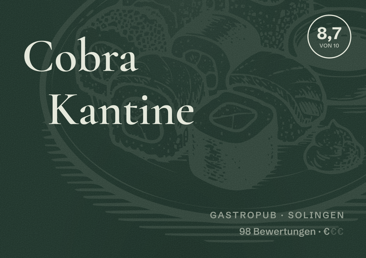 Illustriertes Poster von Cobra Kantine, Gastropub in Solingen: Bewertung 8,7 von 10 aus 98 Bewertungen, Preisniveau €
