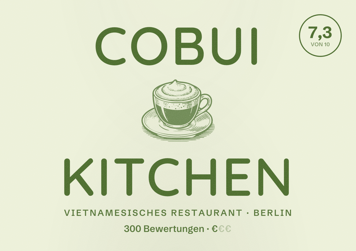 Illustriertes Poster von CoBui Kitchen, Vietnamesisches Restaurant in Berlin: Bewertung 7,3 von 10 aus 300 Bewertungen, Preisniveau €