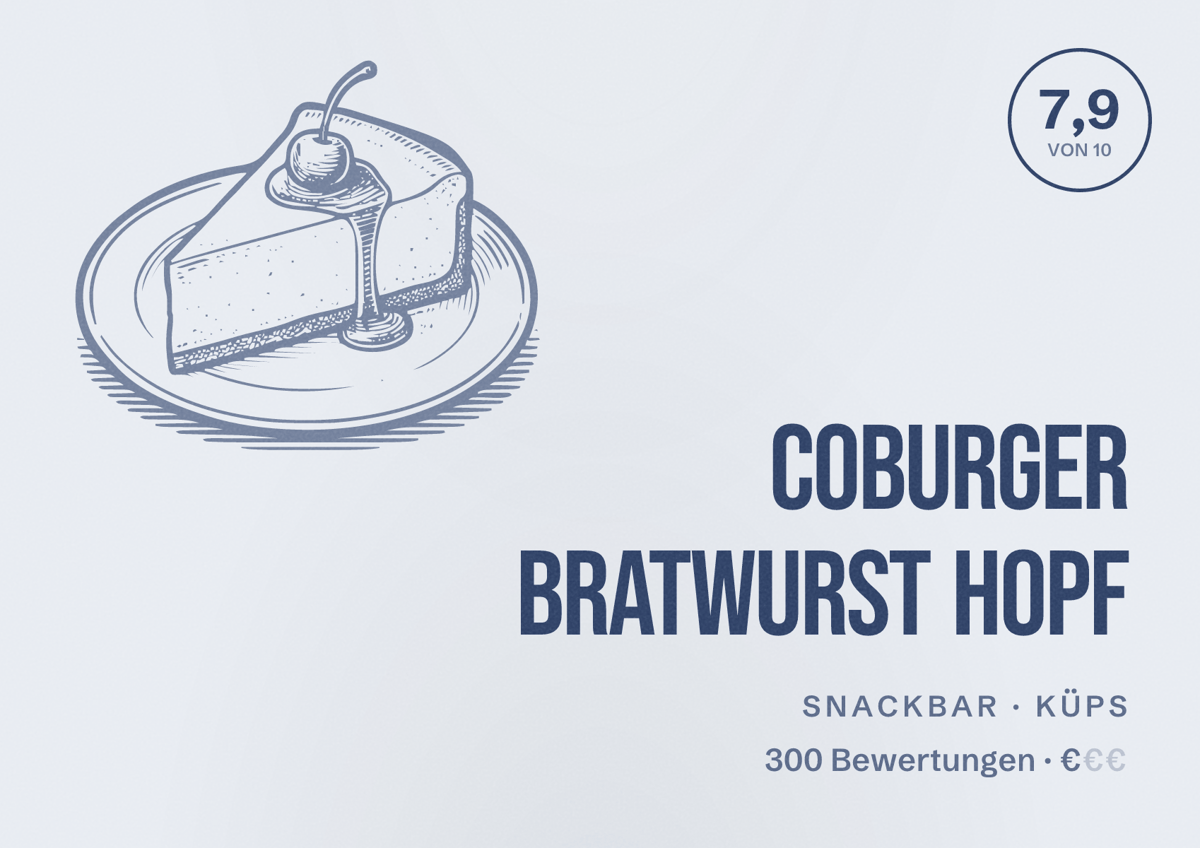 Illustriertes Poster von Coburger Bratwurst Hopf, Snackbar in Küps: Bewertung 7,9 von 10 aus 300 Bewertungen, Preisniveau €