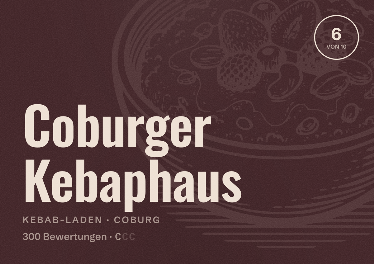 Illustriertes Poster von Coburger Kebaphaus, Kebab-Laden in Coburg: Bewertung 6 von 10 aus 300 Bewertungen, Preisniveau €