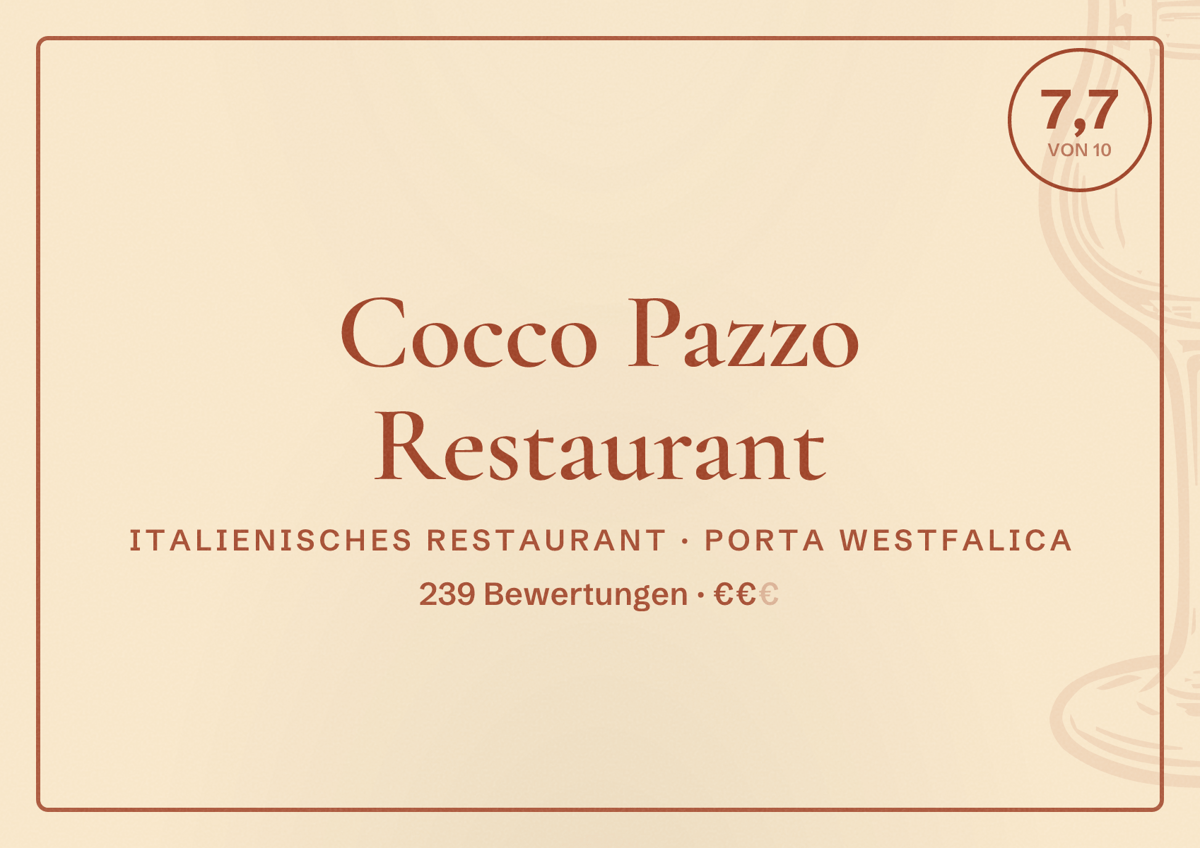 Illustriertes Poster von Cocco Pazzo Restaurant, Italienisches Restaurant in Porta Westfalica: Bewertung 7,7 von 10 aus 239 Bewertungen, Preisniveau €€