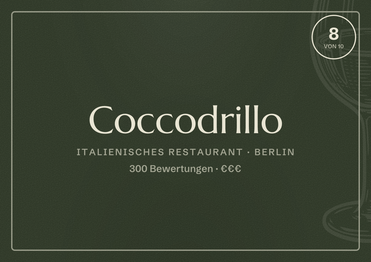 Illustriertes Poster von Coccodrillo, Italienisches Restaurant in Berlin: Bewertung 8,0 von 10 aus 300 Bewertungen, Preisniveau €€€