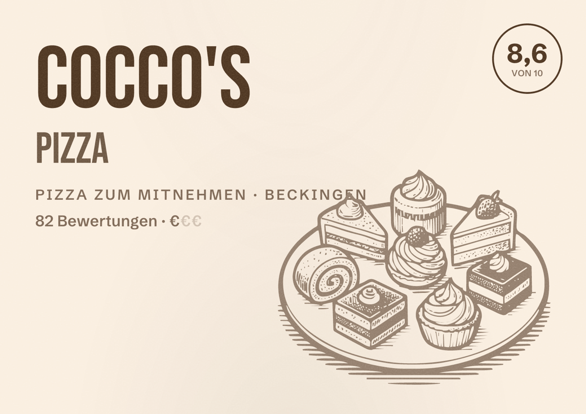 Illustriertes Poster von Cocco's Pizza, Pizza zum Mitnehmen in Beckingen: Bewertung 8,6 von 10 aus 82 Bewertungen, Preisniveau €
