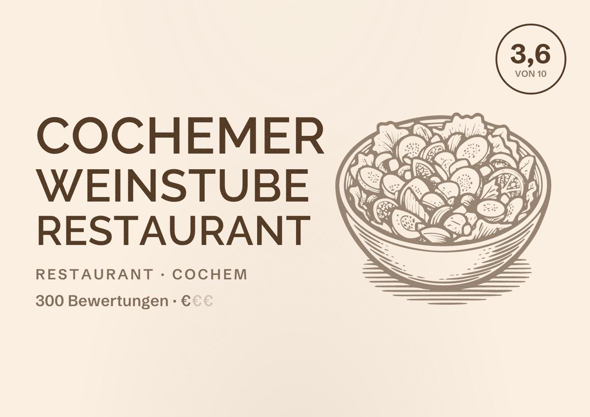 Illustriertes Poster von Cochemer Weinstube Restaurant, Restaurant in Cochem: Bewertung 3,6 von 10 aus 300 Bewertungen, Preisniveau €