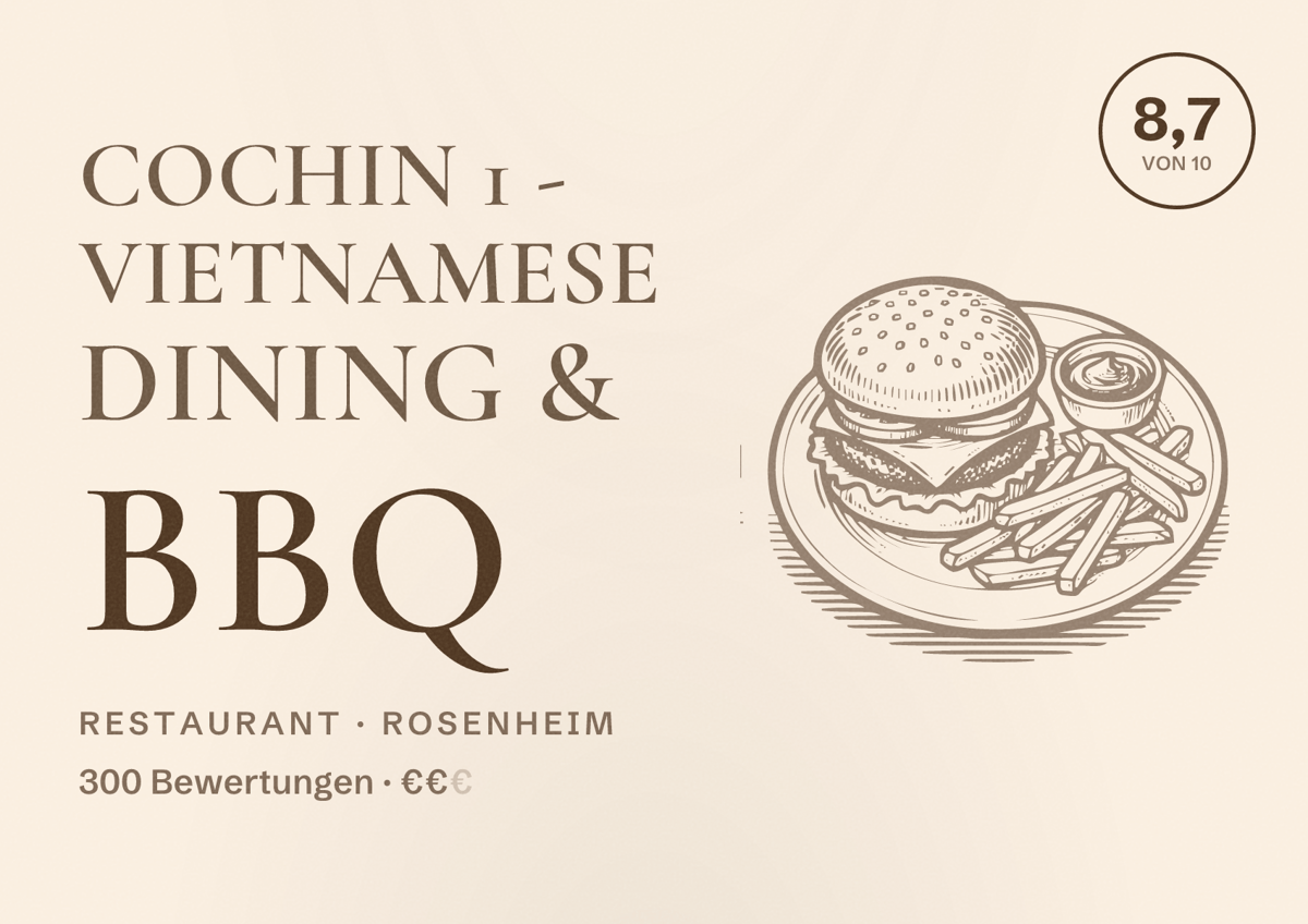 Illustriertes Poster von Cochin 1 - Vietnamese Dining & BBQ, Restaurant in Rosenheim: Bewertung 8,7 von 10 aus 300 Bewertungen, Preisniveau €€