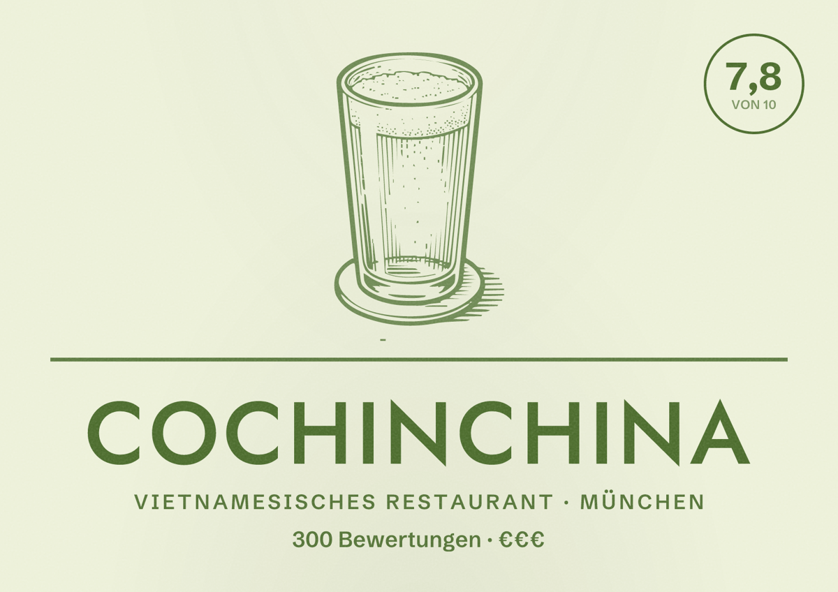 Illustriertes Poster von Cochinchina, Vietnamesisches Restaurant in München: Bewertung 7,8 von 10 aus 300 Bewertungen, Preisniveau €€€
