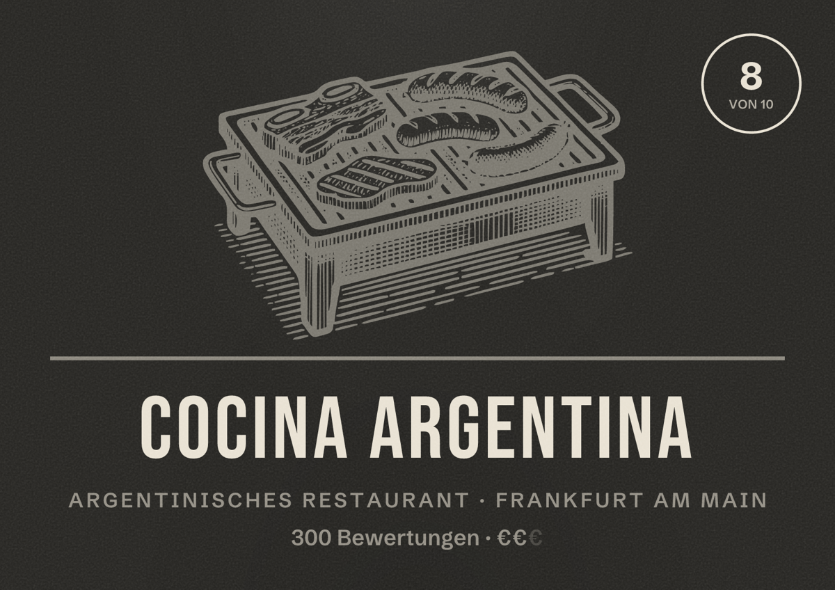 Illustriertes Poster von Cocina Argentina, Argentinisches Restaurant in Frankfurt am Main: Bewertung 8,0 von 10 aus 300 Bewertungen, Preisniveau €€
