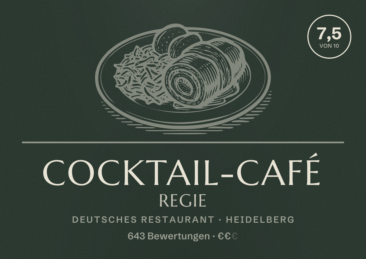 Illustriertes Poster von Cocktail-Café Regie, Deutsches Restaurant in Heidelberg: Bewertung 7,5 von 10 aus 643 Bewertungen, Preisniveau €€