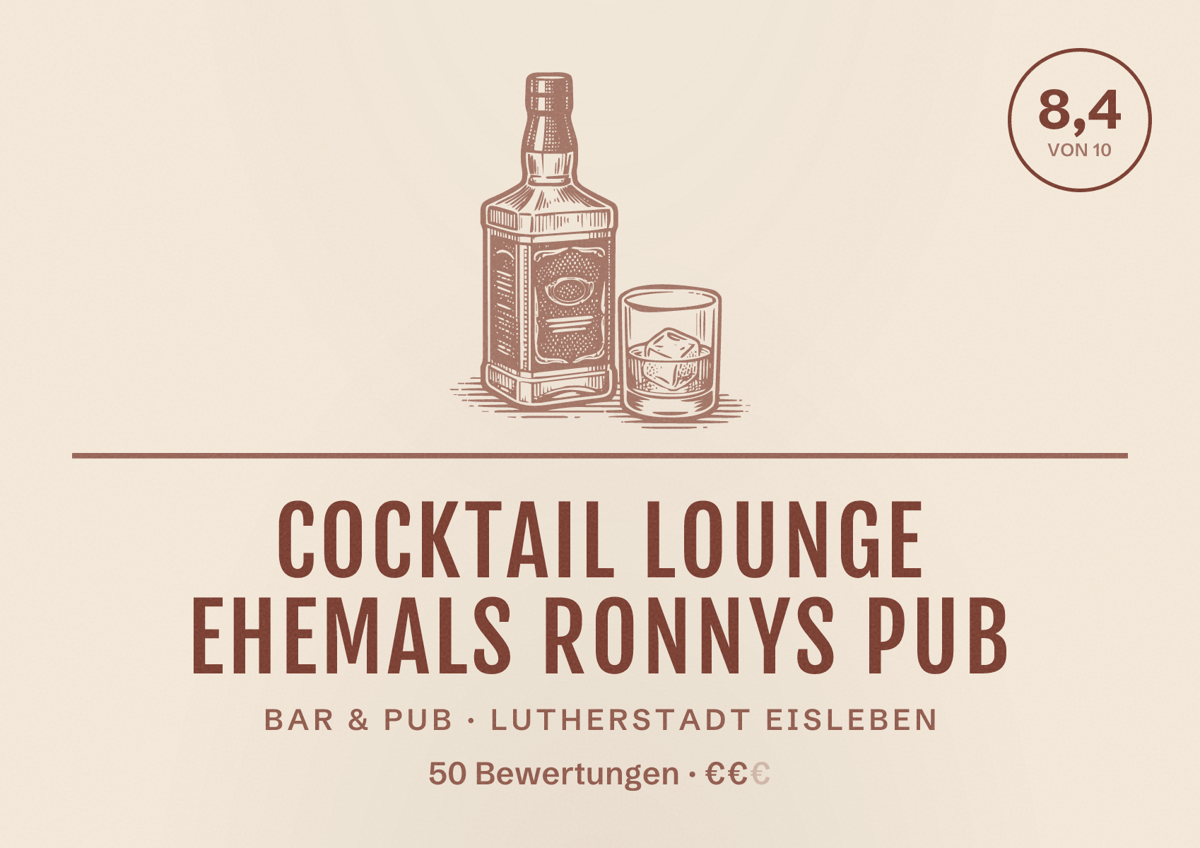 Illustriertes Poster von Cocktail Lounge ehemals Ronnys Pub, Bar & Pub in Lutherstadt Eisleben: Bewertung 8,4 von 10 aus 50 Bewertungen, Preisniveau €€