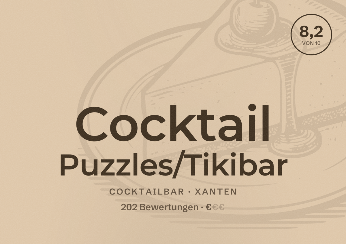 Illustriertes Poster von Cocktail Puzzles/Tikibar, Cocktailbar in Xanten: Bewertung 8,2 von 10 aus 202 Bewertungen, Preisniveau €