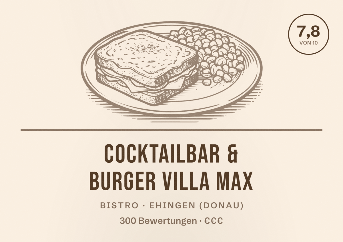 Illustriertes Poster von Cocktailbar & Burger Villa Max, Bistro in Ehingen (Donau): Bewertung 7,8 von 10 aus 300 Bewertungen, Preisniveau €€€