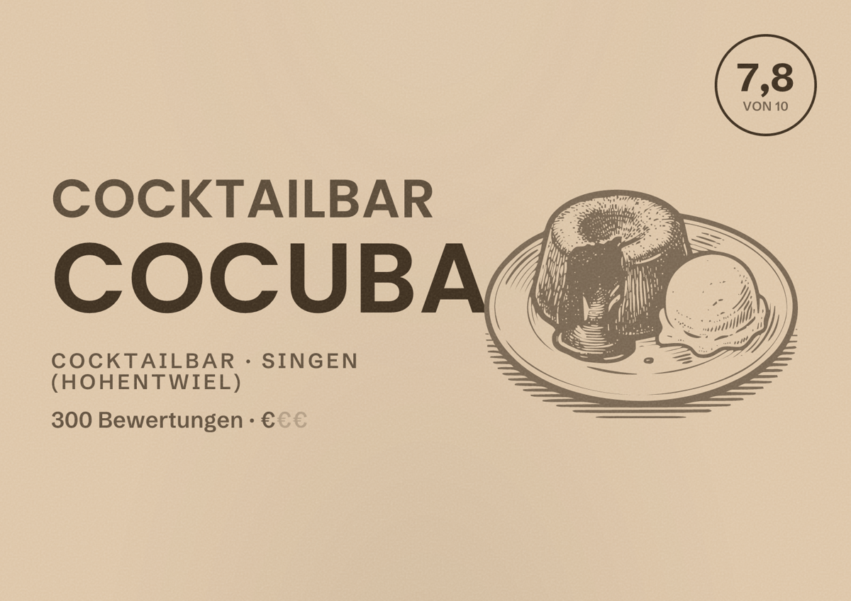 Illustriertes Poster von Cocktailbar Cocuba, Cocktailbar in Singen (Hohentwiel): Bewertung 7,8 von 10 aus 300 Bewertungen, Preisniveau €