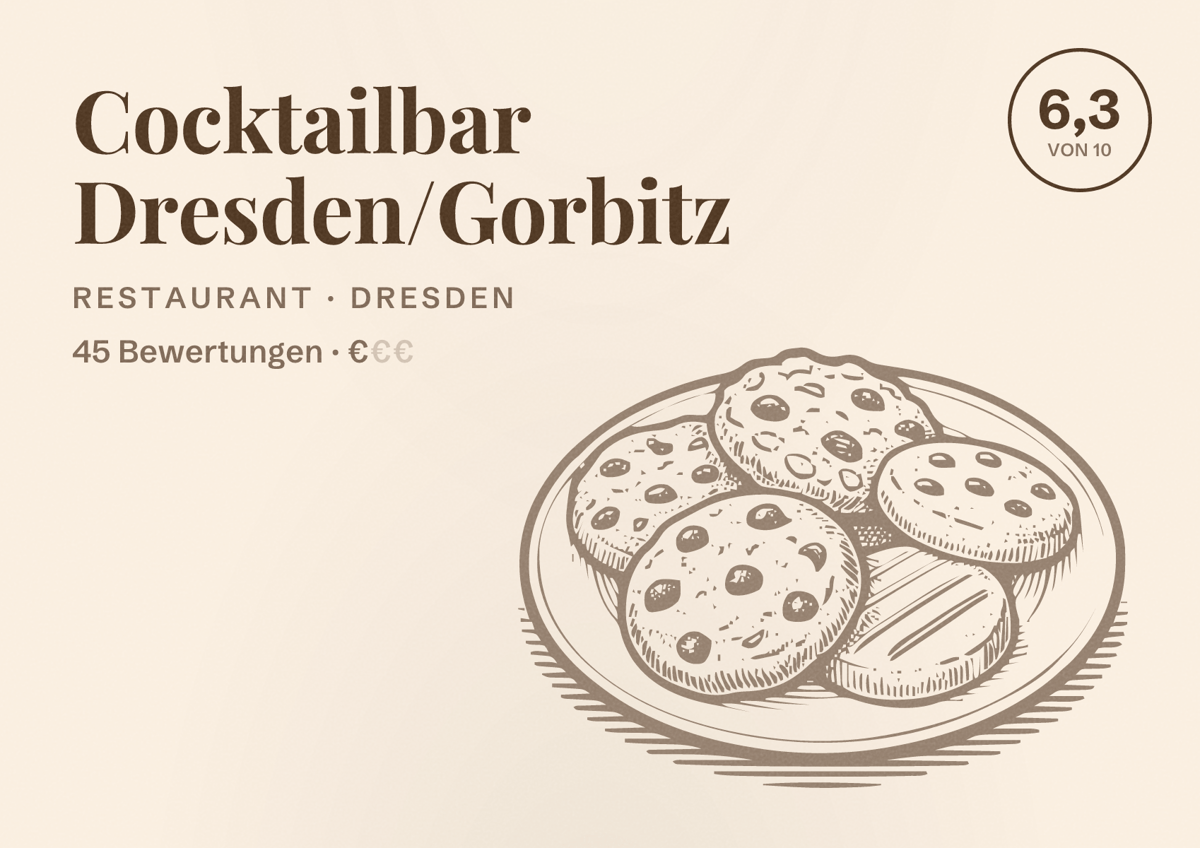Illustriertes Poster von Cocktailbar Dresden/Gorbitz, Restaurant in Dresden: Bewertung 6,3 von 10 aus 45 Bewertungen, Preisniveau €