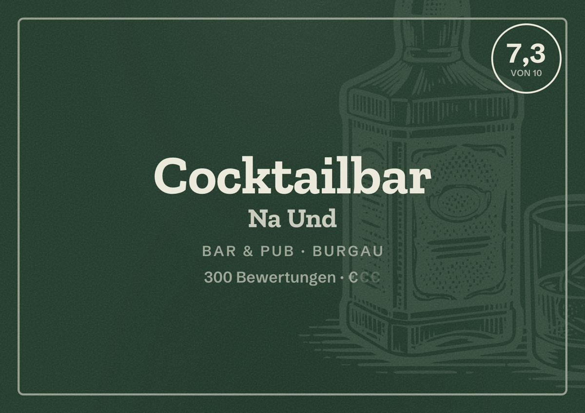 Illustriertes Poster von Cocktailbar Na Und, Bar & Pub in Burgau: Bewertung 7,3 von 10 aus 300 Bewertungen, Preisniveau €