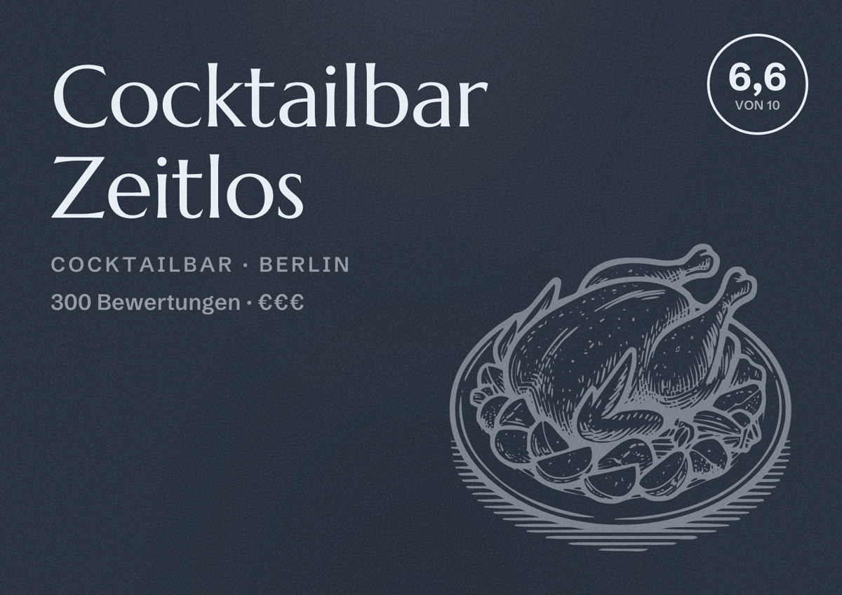 Illustriertes Poster von Cocktailbar Zeitlos, Cocktailbar in Berlin: Bewertung 6,6 von 10 aus 300 Bewertungen, Preisniveau €€€
