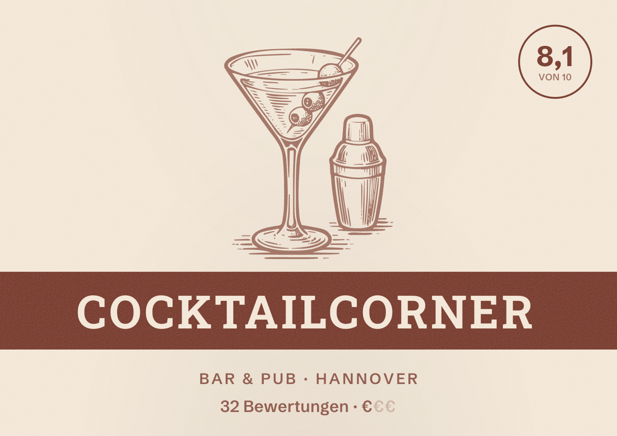 Illustriertes Poster von CocktailCorner, Bar & Pub in Hannover: Bewertung 8,1 von 10 aus 32 Bewertungen, Preisniveau €