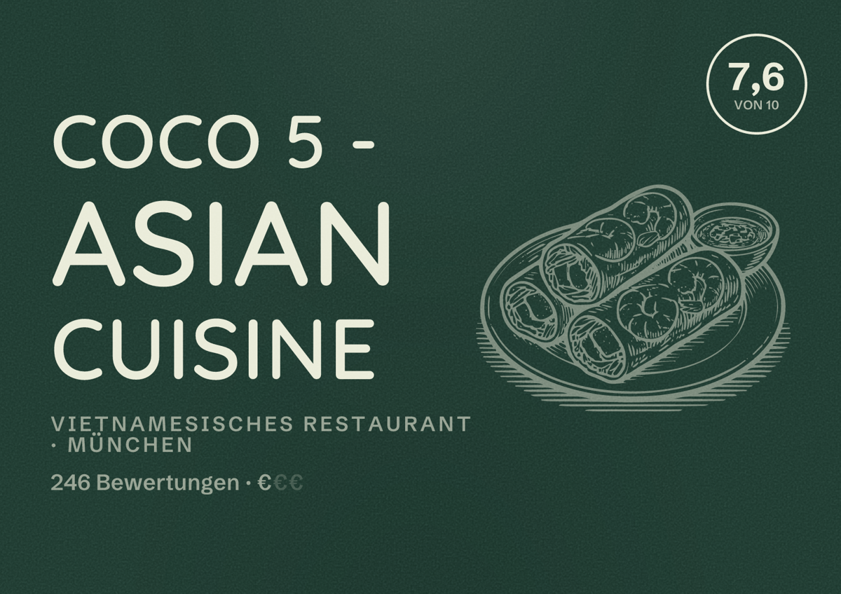 Illustriertes Poster von Coco 5 - Asian Cuisine, Vietnamesisches Restaurant in München: Bewertung 7,6 von 10 aus 246 Bewertungen, Preisniveau €