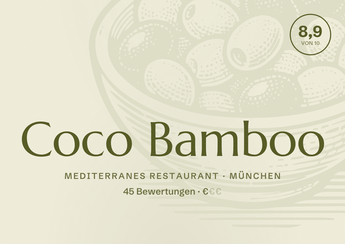 Illustriertes Poster von Coco Bamboo, Mediterranes Restaurant in München: Bewertung 8,9 von 10 aus 45 Bewertungen, Preisniveau €