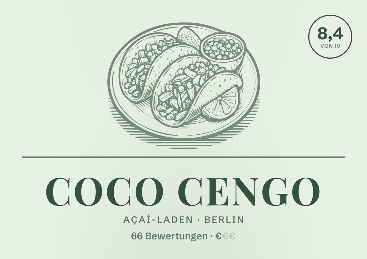 Illustriertes Poster von Coco Cengo, Açaí-Laden in Berlin: Bewertung 8,4 von 10 aus 66 Bewertungen, Preisniveau €