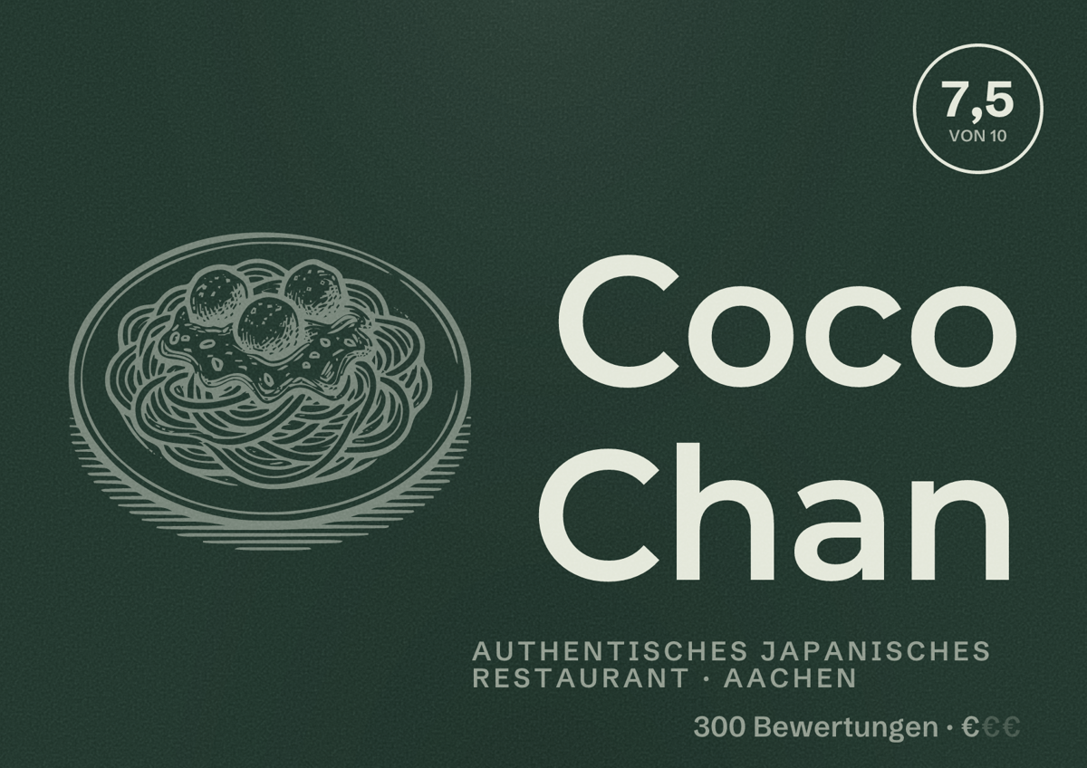 Illustriertes Poster von Coco Chan, Authentisches japanisches Restaurant in Aachen: Bewertung 7,5 von 10 aus 300 Bewertungen, Preisniveau €
