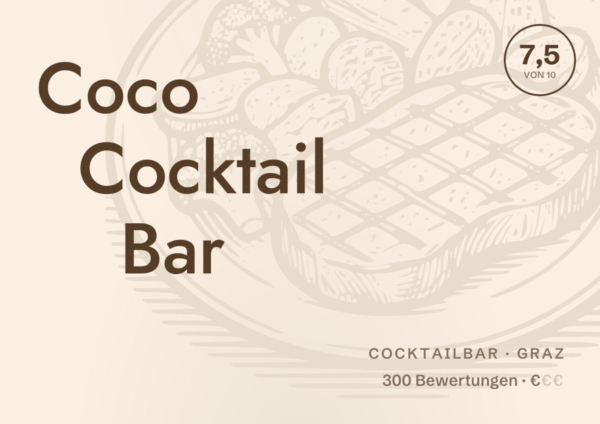Illustriertes Poster von Coco Cocktail Bar, Cocktailbar in Graz: Bewertung 7,5 von 10 aus 300 Bewertungen, Preisniveau €