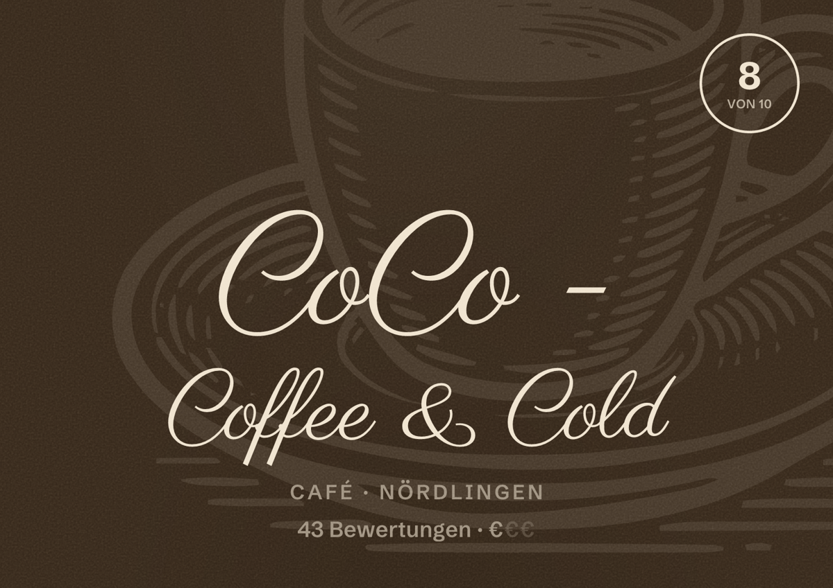 Illustriertes Poster von CoCo - Coffee & Cold, Café in Nördlingen: Bewertung 8 von 10 aus 43 Bewertungen, Preisniveau €