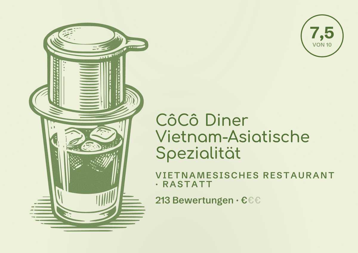 Illustriertes Poster von CôCô Diner Vietnam-Asiatische Spezialität, Vietnamesisches Restaurant in Rastatt: Bewertung 7,5 von 10 aus 213 Bewertungen, Preisniveau €