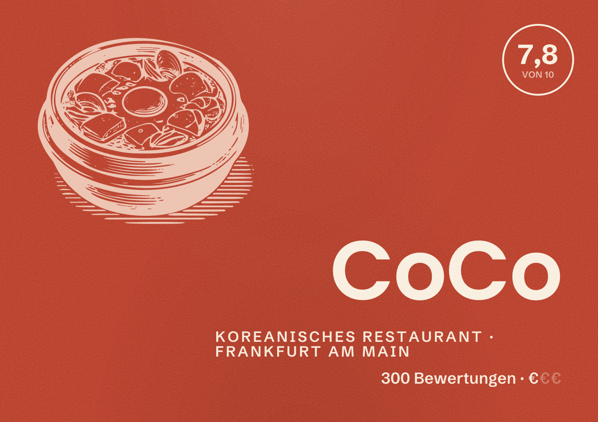 Illustriertes Poster von CoCo, Koreanisches Restaurant in Frankfurt am Main: Bewertung 7,8 von 10 aus 300 Bewertungen, Preisniveau €