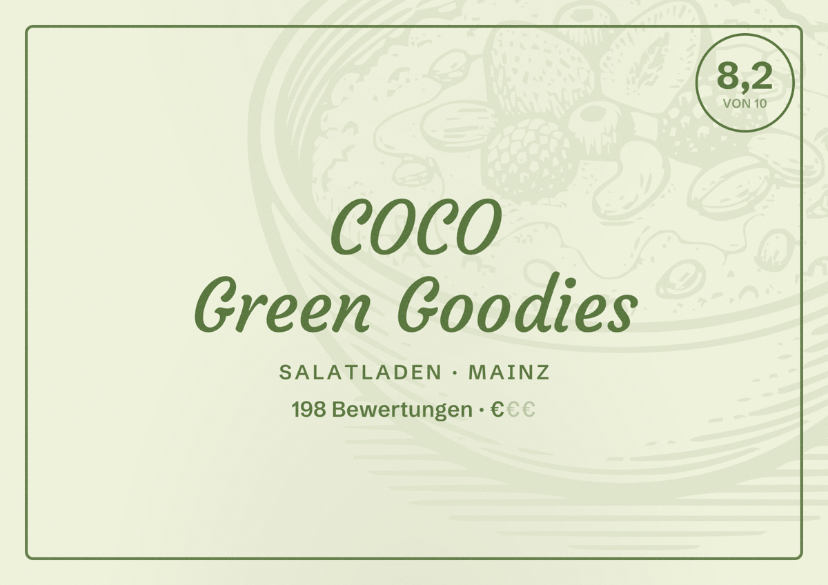 Illustriertes Poster von COCO Green Goodies, Salatladen in Mainz: Bewertung 8,2 von 10 aus 198 Bewertungen, Preisniveau €