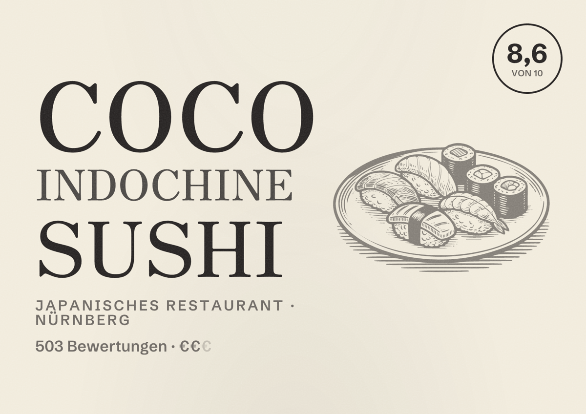 Illustriertes Poster von CoCo Indochine Sushi, Japanisches Restaurant in Nürnberg: Bewertung 8,6 von 10 aus 503 Bewertungen, Preisniveau €€