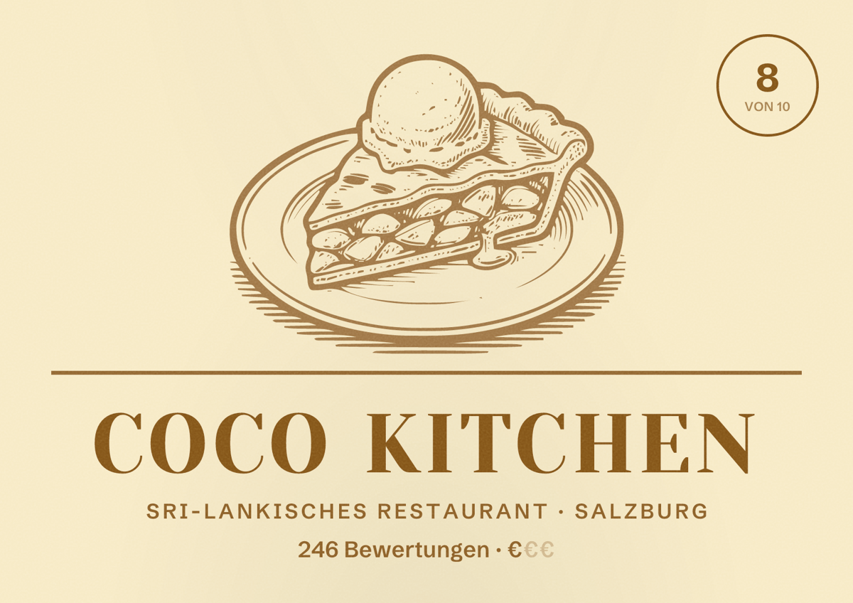 Illustriertes Poster von COCO kitchen, Sri-Lankisches Restaurant in Salzburg: Bewertung 8 von 10 aus 246 Bewertungen, Preisniveau €