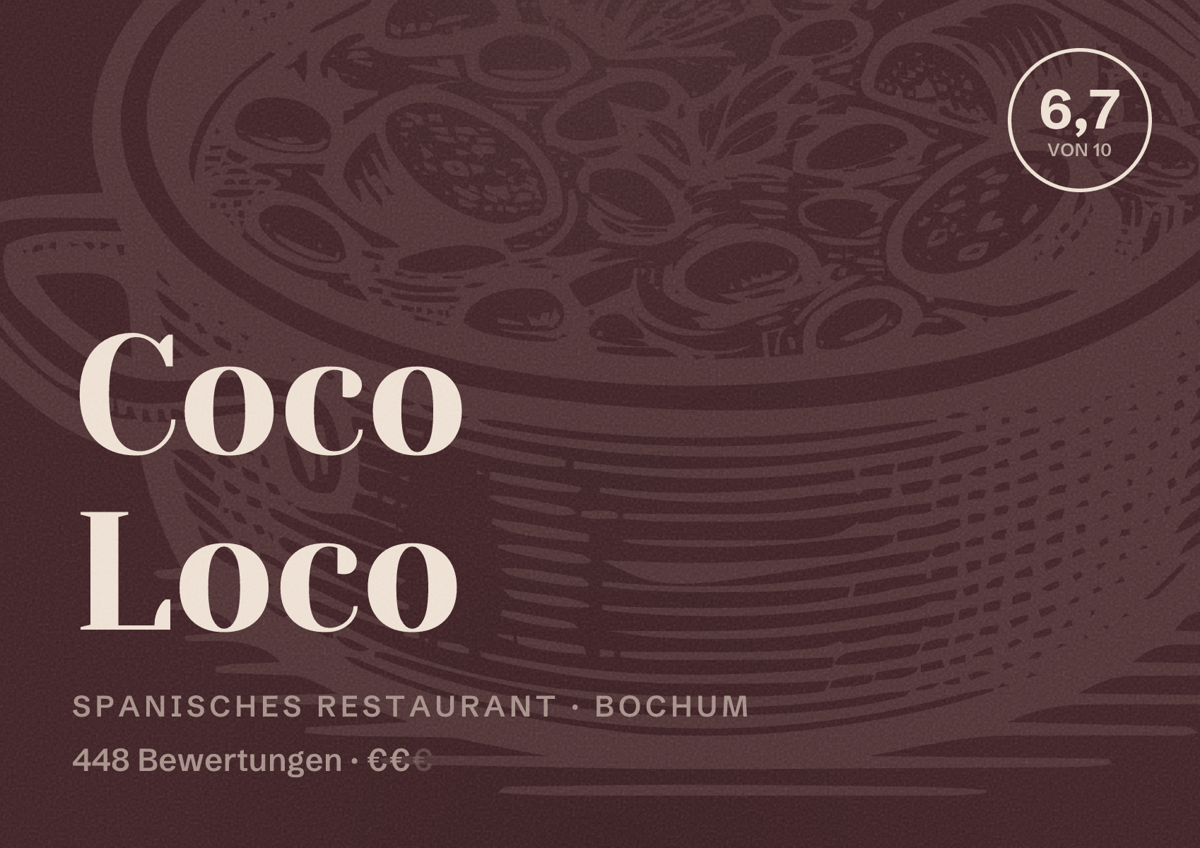 Illustriertes Poster von Coco Loco, Spanisches Restaurant in Bochum: Gästebewertung 6,7 von 10 aus 448 Bewertungen