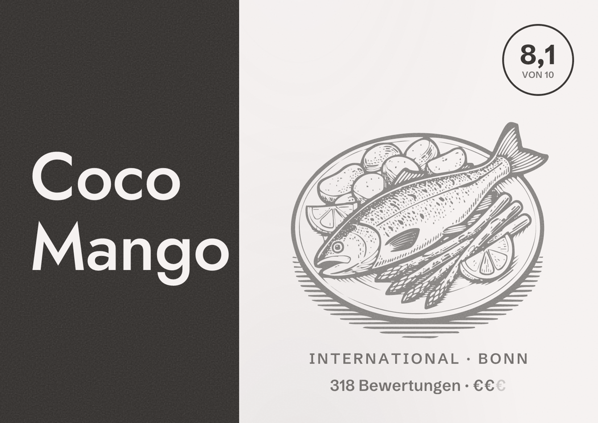 Illustriertes Poster von Coco Mango, International in Bonn: Bewertung 8,1 von 10 aus 318 Bewertungen, Preisniveau €€
