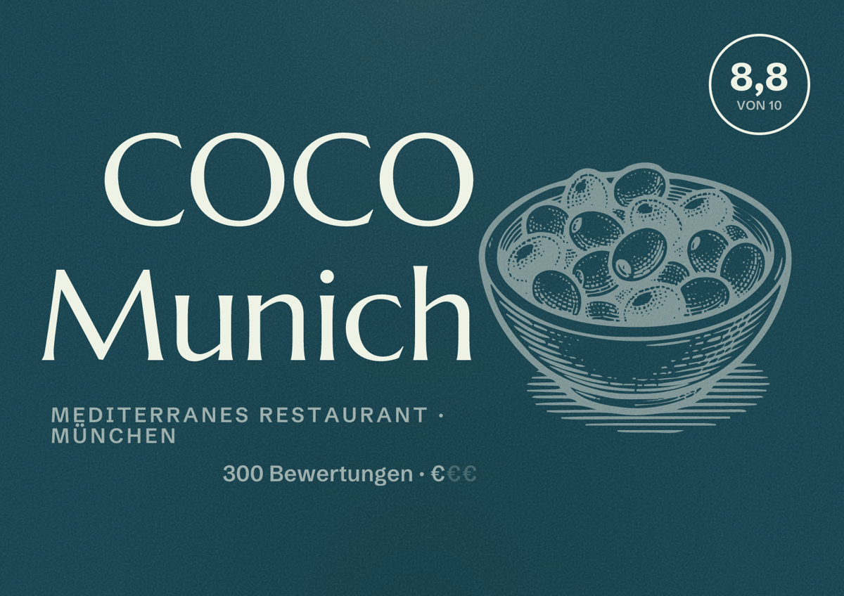 Illustriertes Poster von COCO Munich, Mediterranes Restaurant in München: Bewertung 8,8 von 10 aus 300 Bewertungen, Preisniveau €