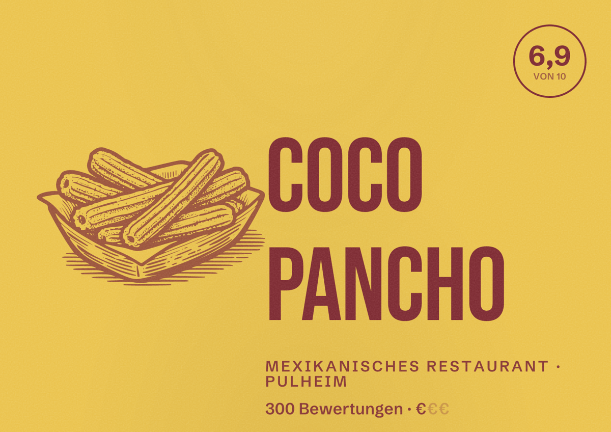 Illustriertes Poster von Coco Pancho, Mexikanisches Restaurant in Pulheim: Bewertung 6,9 von 10 aus 300 Bewertungen, Preisniveau €