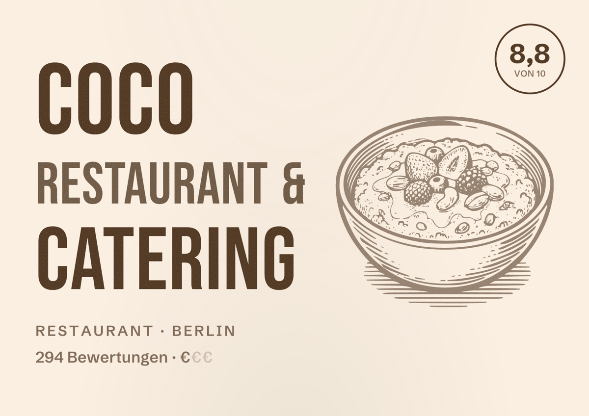 Illustriertes Poster von Coco Restaurant & Catering, Restaurant in Berlin: Bewertung 8,8 von 10 aus 294 Bewertungen, Preisniveau €