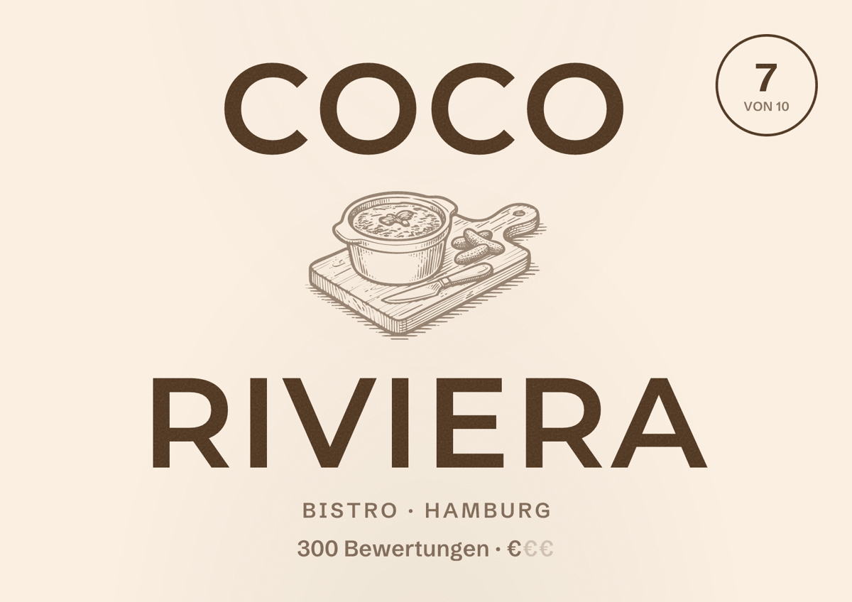 Illustriertes Poster von COCO riviera, Bistro in Hamburg: Bewertung 7,0 von 10 aus 300 Bewertungen, Preisniveau €