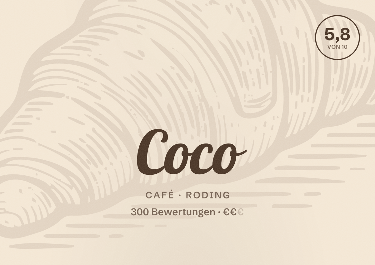 Illustriertes Poster von Coco, Café in Roding: Bewertung 5,8 von 10 aus 300 Bewertungen, Preisniveau €€