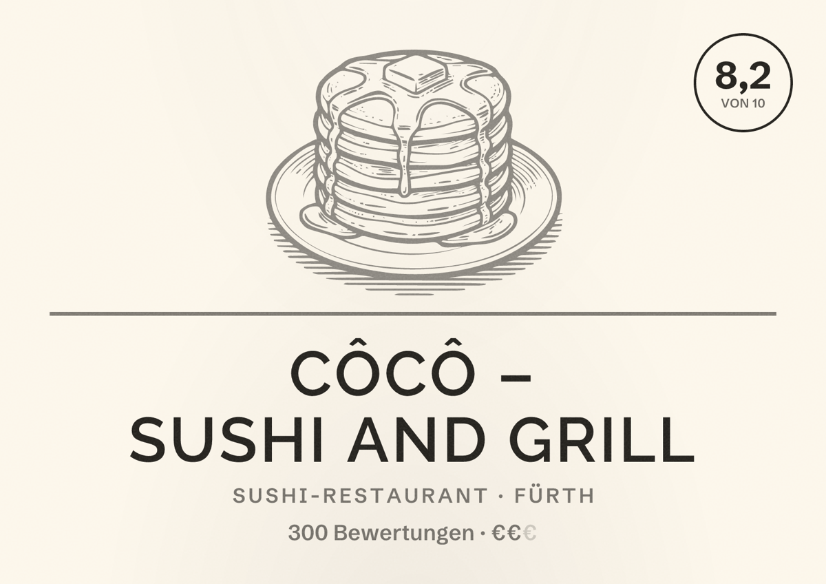Illustriertes Poster von CôCô – Sushi and Grill, Sushi-Restaurant in Fürth: Bewertung 8,2 von 10 aus 300 Bewertungen, Preisniveau €€
