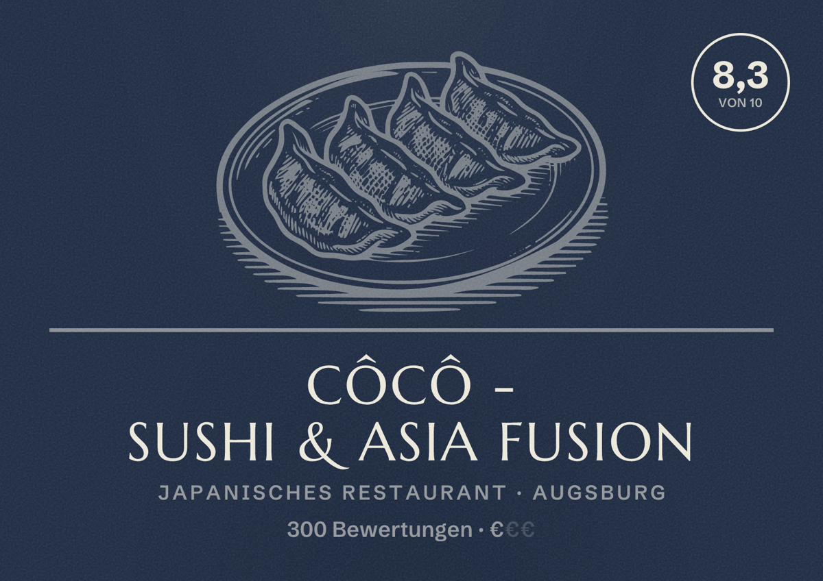 Illustriertes Poster von CÔCÔ - Sushi & Asia Fusion, Japanisches Restaurant in Augsburg: Bewertung 8,3 von 10 aus 300 Bewertungen, Preisniveau €