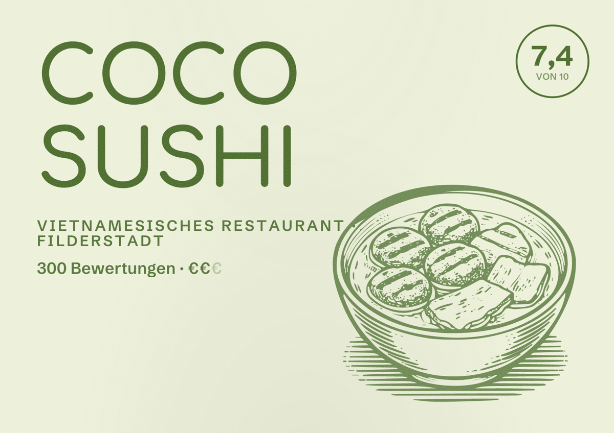 Illustriertes Poster von COCO SUSHI, Vietnamesisches Restaurant in Filderstadt: Bewertung 7,4 von 10 aus 300 Bewertungen, Preisniveau €€
