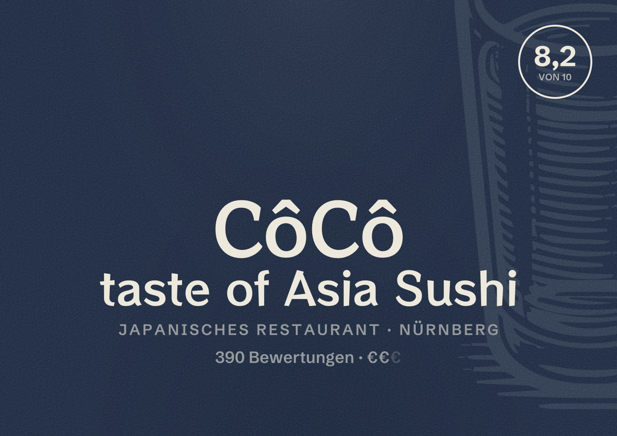 Illustriertes Poster von CôCô taste of Asia Sushi, Japanisches Restaurant in Nürnberg: Bewertung 8,2 von 10 aus 390 Bewertungen, Preisniveau €€