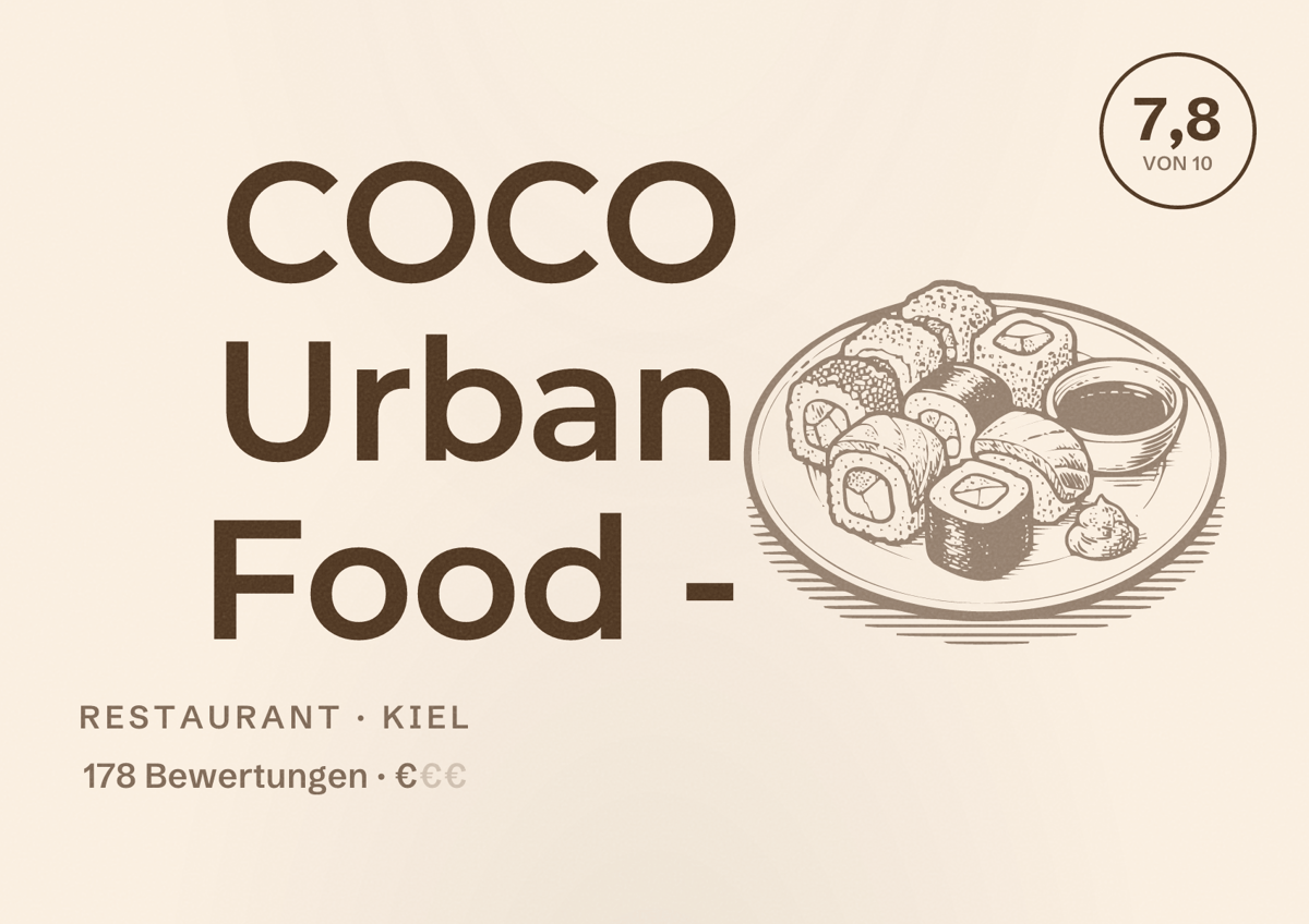 Illustriertes Poster von COCO Urban Food -, Restaurant in Kiel: Bewertung 7,8 von 10 aus 178 Bewertungen, Preisniveau €
