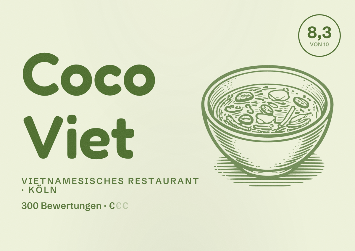 Illustriertes Poster von Coco Viet, Vietnamesisches Restaurant in Köln: Bewertung 8,3 von 10 aus 300 Bewertungen, Preisniveau €